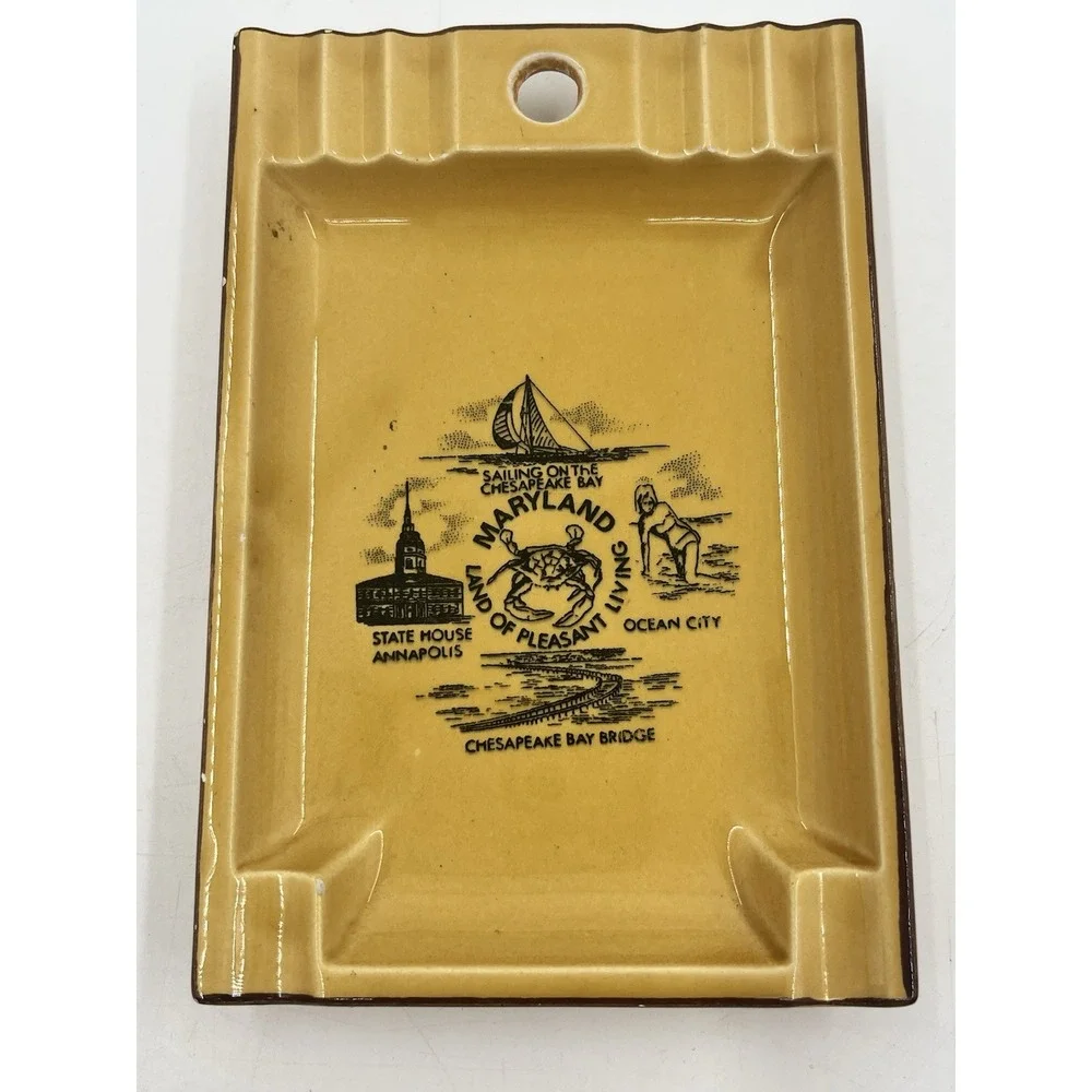 Vintage Maryland State Souvenir Trinket Tray Ashtray Ceramic Wall Decor Yellow